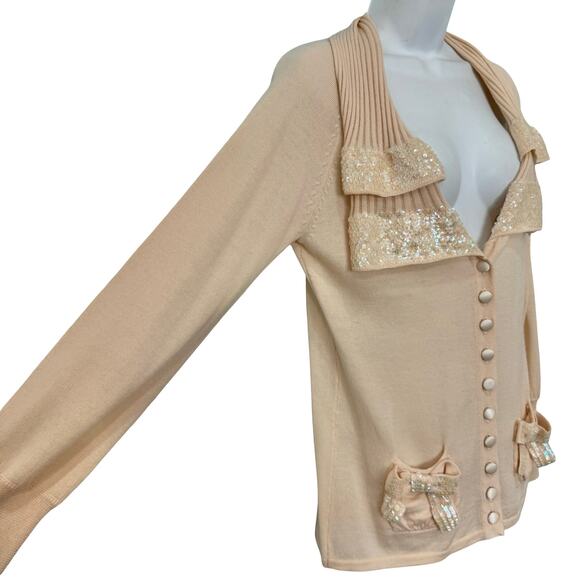 Nanette Lepore Blush Pink Sequin Collar Button Up Merino Wool Cardigan sz L NEW - Picture 10 of 11